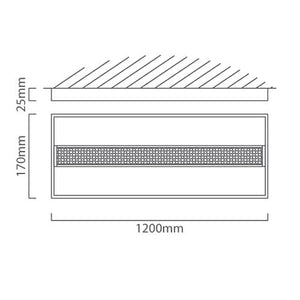 Technical drawing of a 1200mm LED Hanging Linear High Bay light showing dimensions and design details.