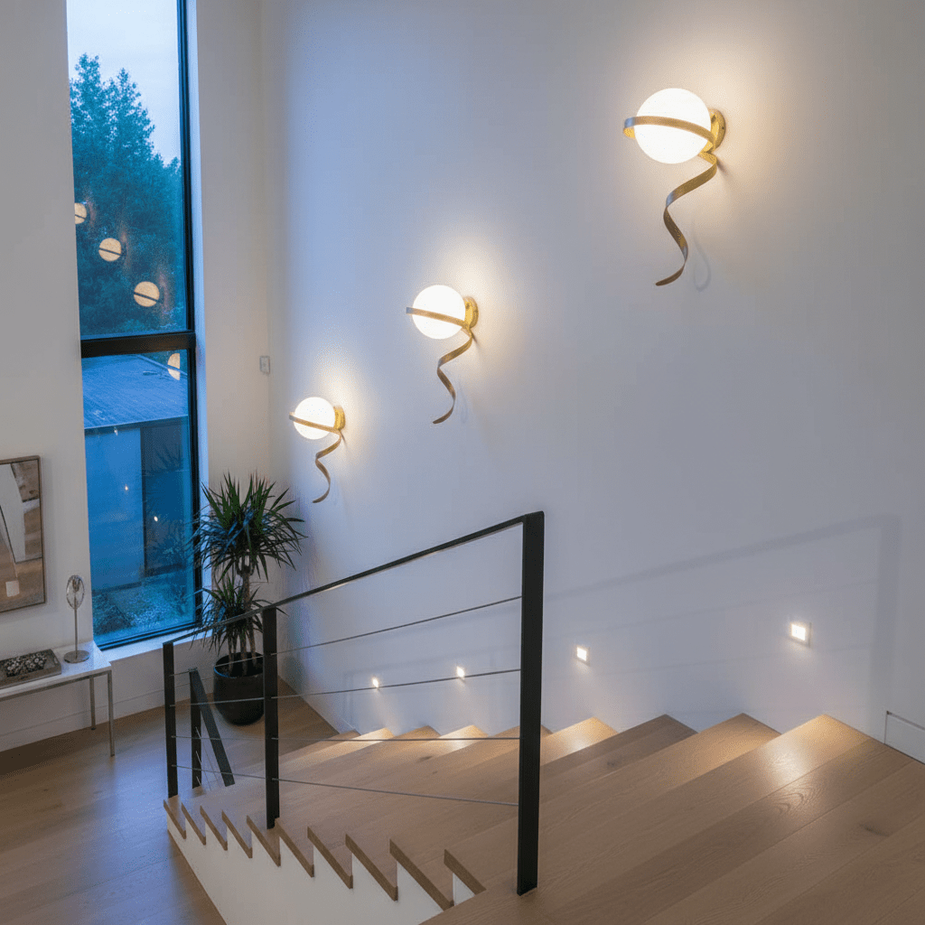 Three gold infinity wall lights mounted on a white wall beside a staircase, illuminating the space with a warm glow.