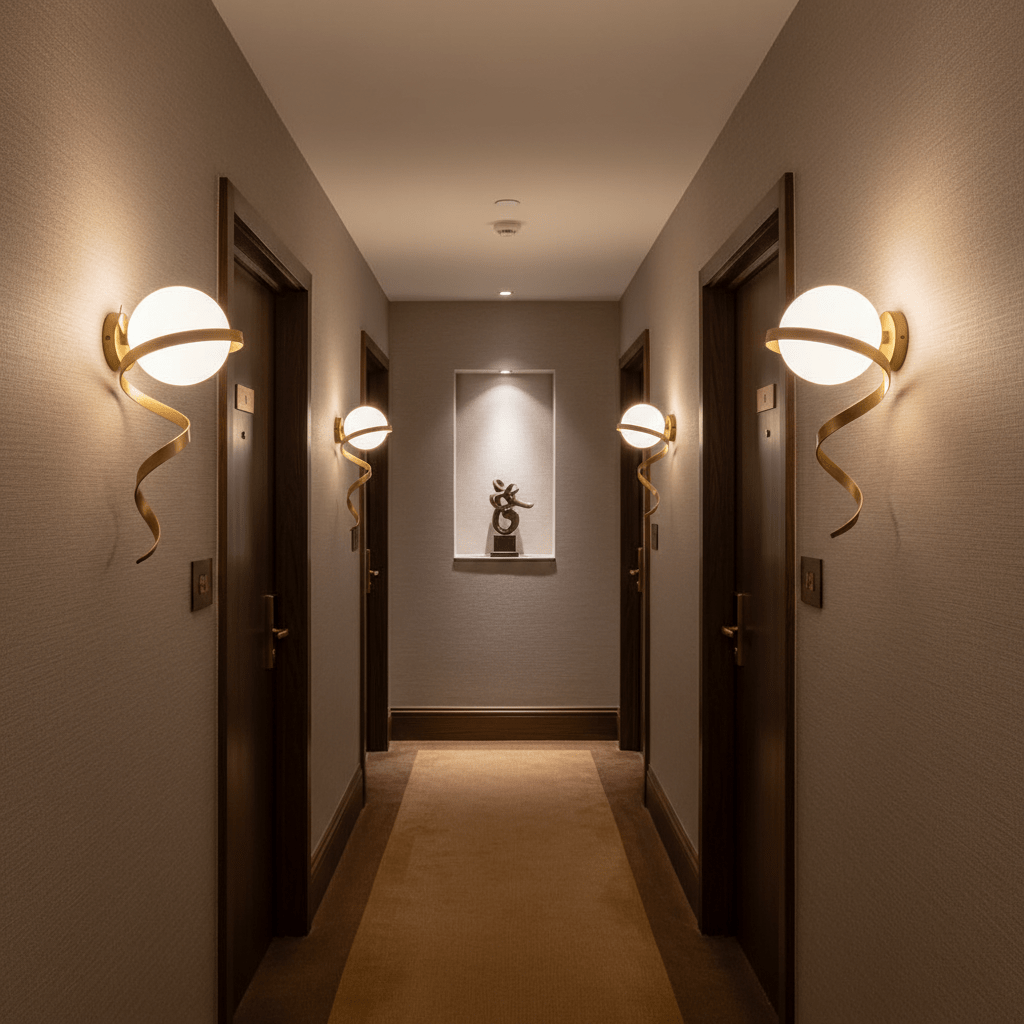 Elegant gold infinity wall lights illuminating a stylish hallway with a decorative sculpture.