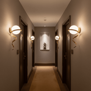 Elegant gold infinity wall lights illuminating a stylish hallway with a decorative sculpture.