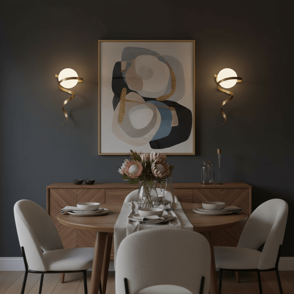 Gold infinity wall light illuminating a dining area with a modern table and floral centerpiece.
