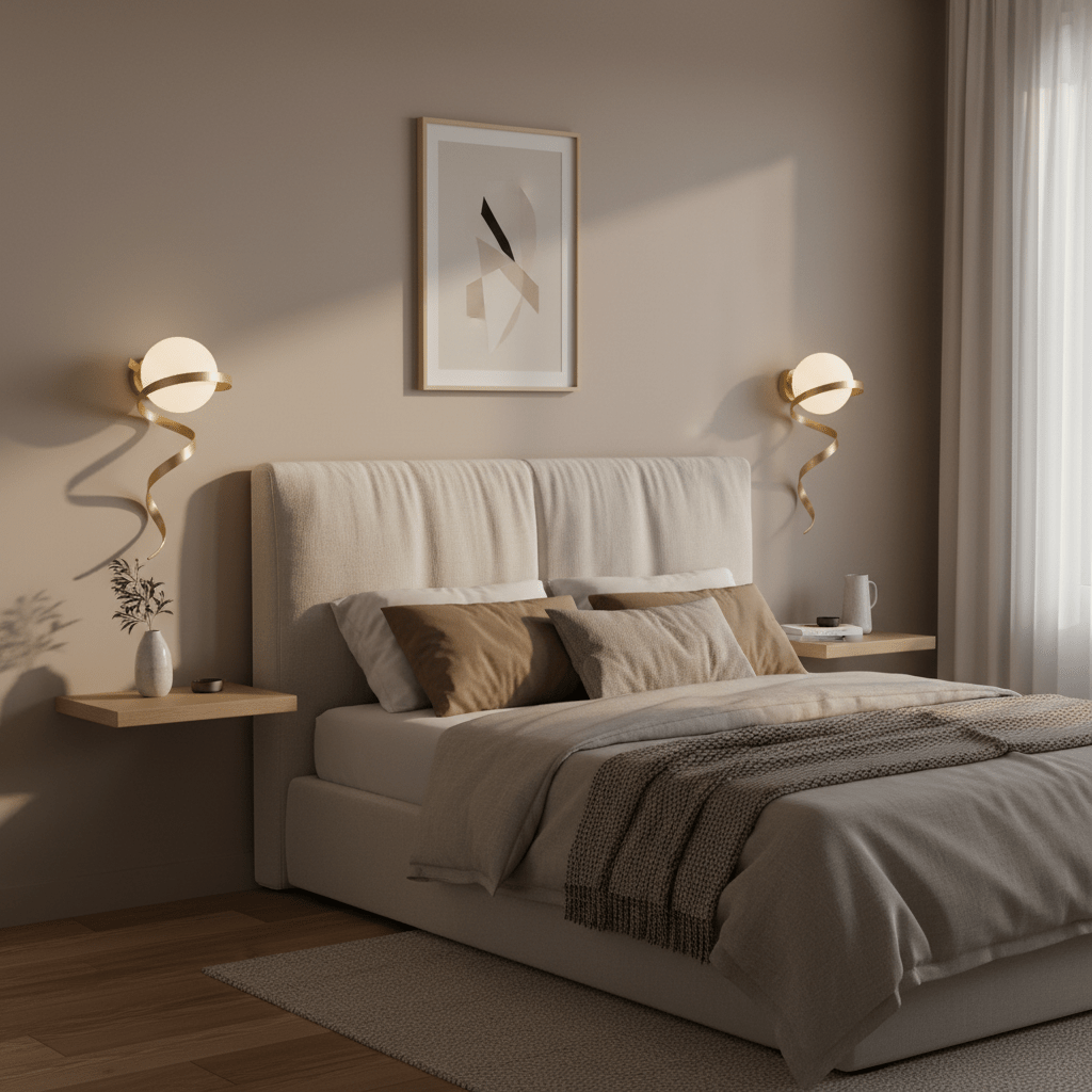 Elegant bedroom featuring Gold Infinity Wall Lights beside a plush bed, enhancing the warm decor.