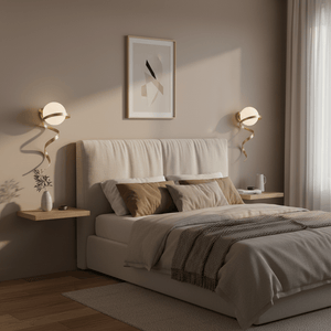 Elegant bedroom featuring Gold Infinity Wall Lights beside a plush bed, enhancing the warm decor.
