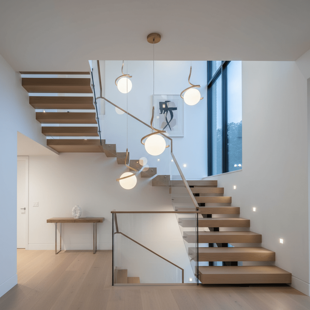 Gold infinity pendant lights hanging above a modern wooden staircase in a stylish indoor setting.