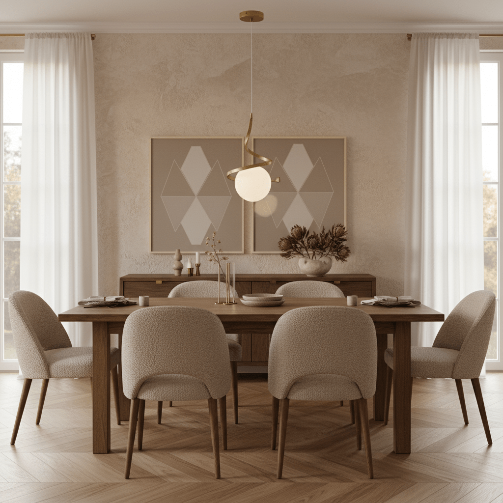 Gold infinity pendant light hanging above a wooden dining table with beige upholstered chairs and decorative elements.