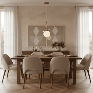 Gold infinity pendant light hanging above a wooden dining table with beige upholstered chairs and decorative elements.