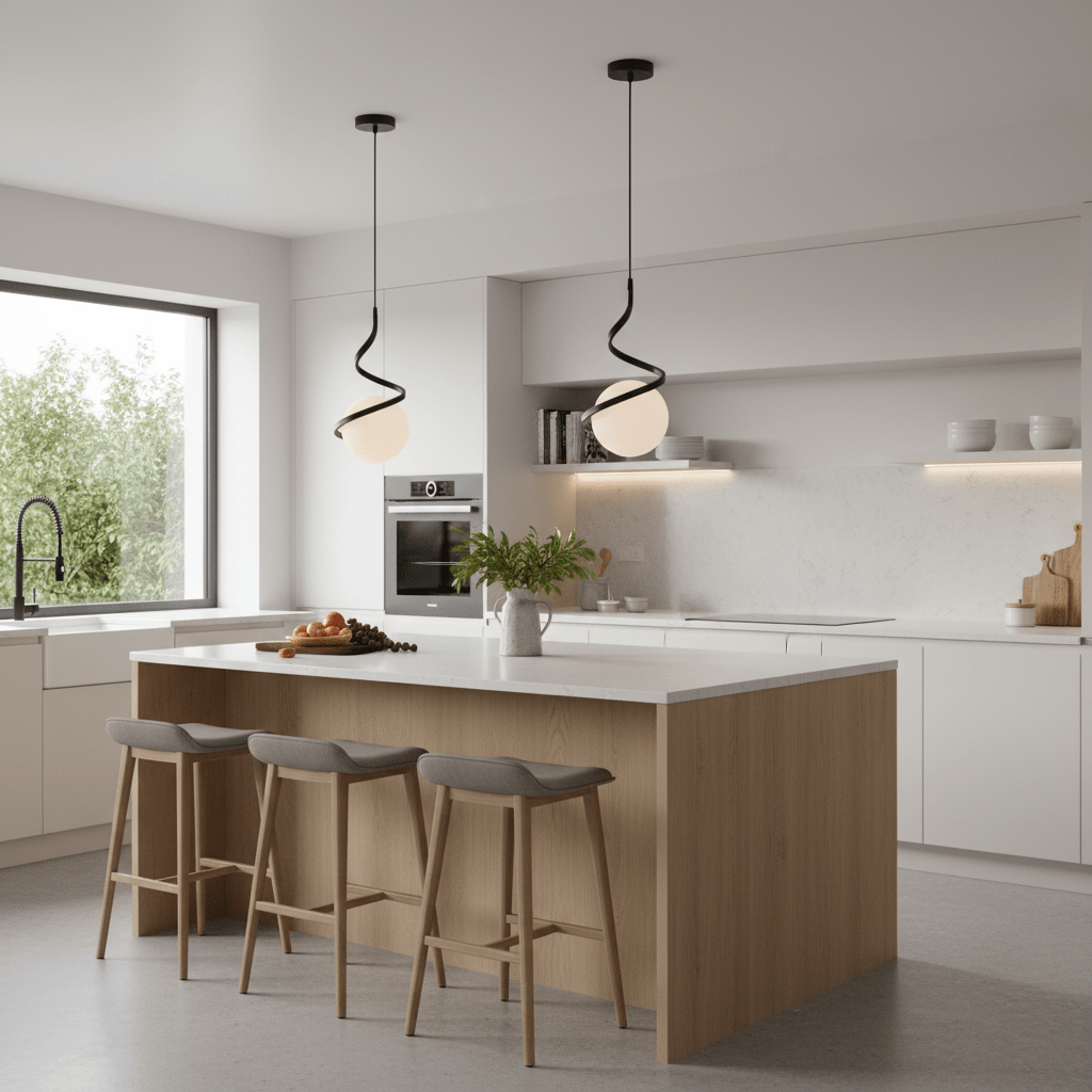 Two Black Infinity Pendant Lights hang over a modern kitchen island with wooden stools, bright and inviting.