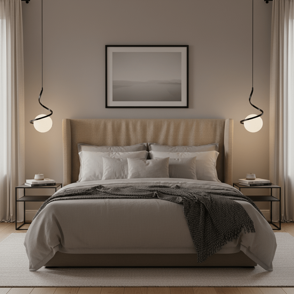 Stylish bedroom featuring the Black Infinity Pendant Light above a bed, enhancing the modern decor.