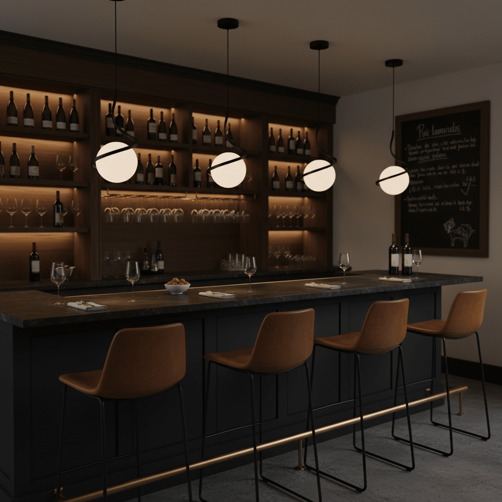 Three Black Infinity Pendant Lights hang above a stylish bar with a dark countertop and wooden shelves filled with wine