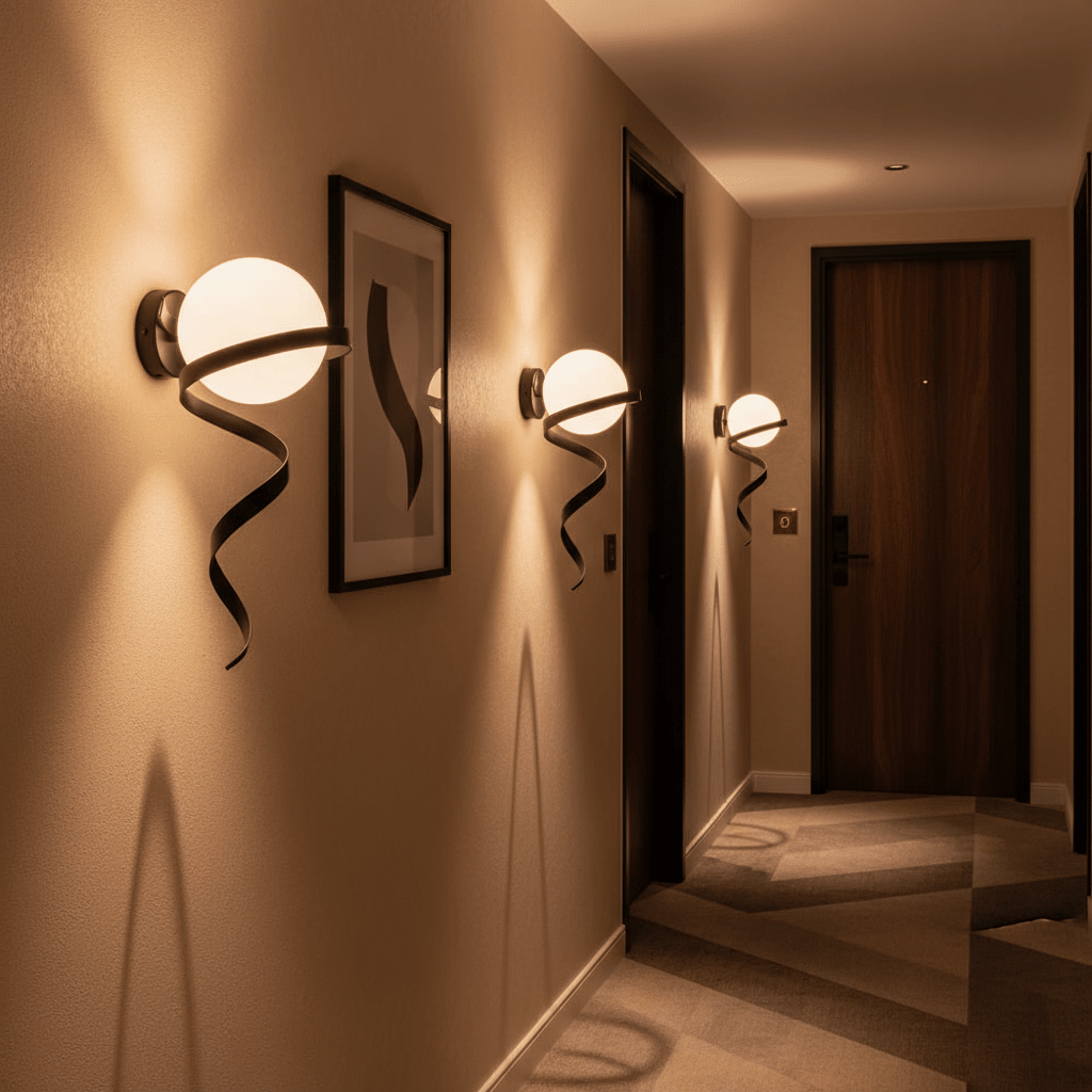 Three black infinity wall lights illuminating a stylish hallway with framed art and a wooden door.