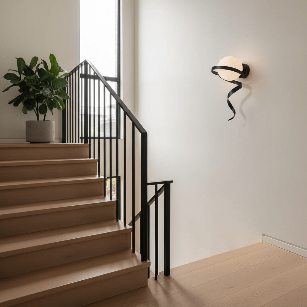 Black Infinity Wall Light mounted on a wall beside a staircase, illuminating the space with a modern design.