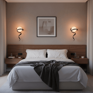 Stylish bedroom featuring the Black Infinity Wall Light mounted on either side of the bed, creating a warm ambiance.