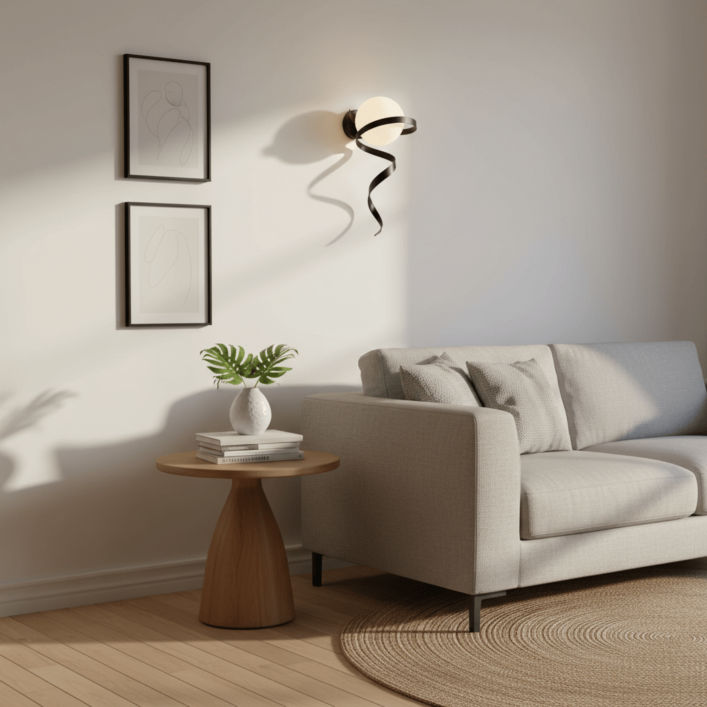 Black Infinity Wall Light mounted beside a couch, casting soft shadows on the wall, with framed art and a decorative table.