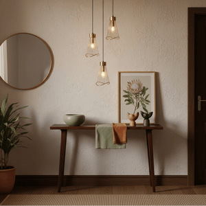 Stylish Sensu Cluster Gold Pendant Light hanging above a wooden console table with decorative items.