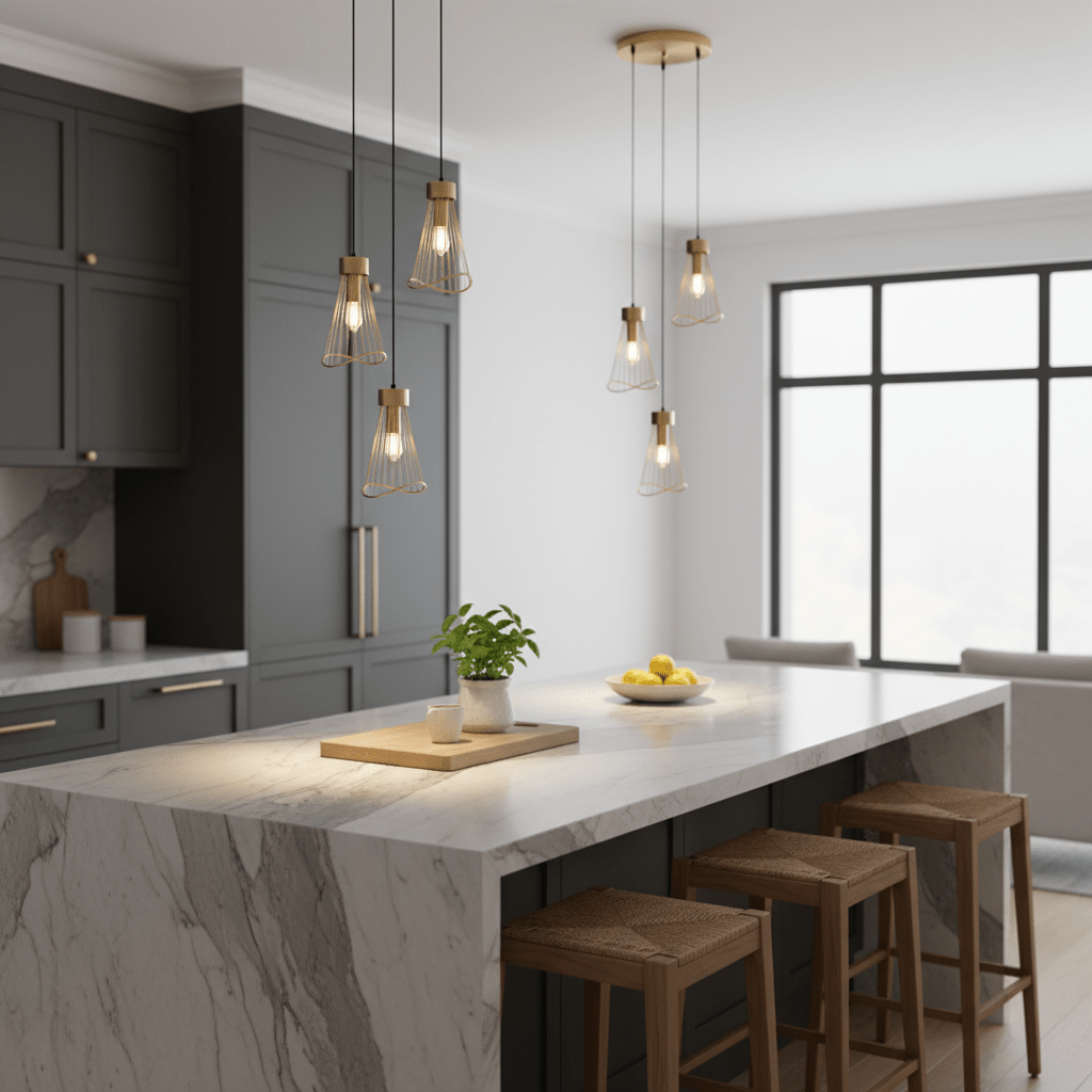 Stylish kitchen featuring the Sensu Cluster Gold Pendant Light above a marble island with wooden stools.