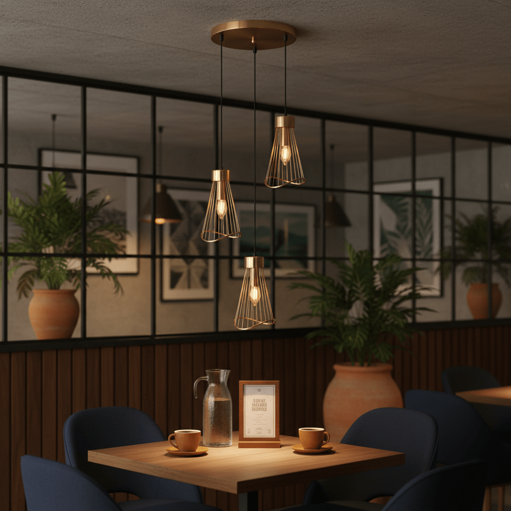 Stylish Sensu Cluster Gold Pendant Light above a wooden dining table with coffee cups and a water pitcher.
