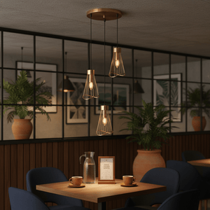 Stylish Sensu Cluster Gold Pendant Light above a wooden dining table with coffee cups and a water pitcher.