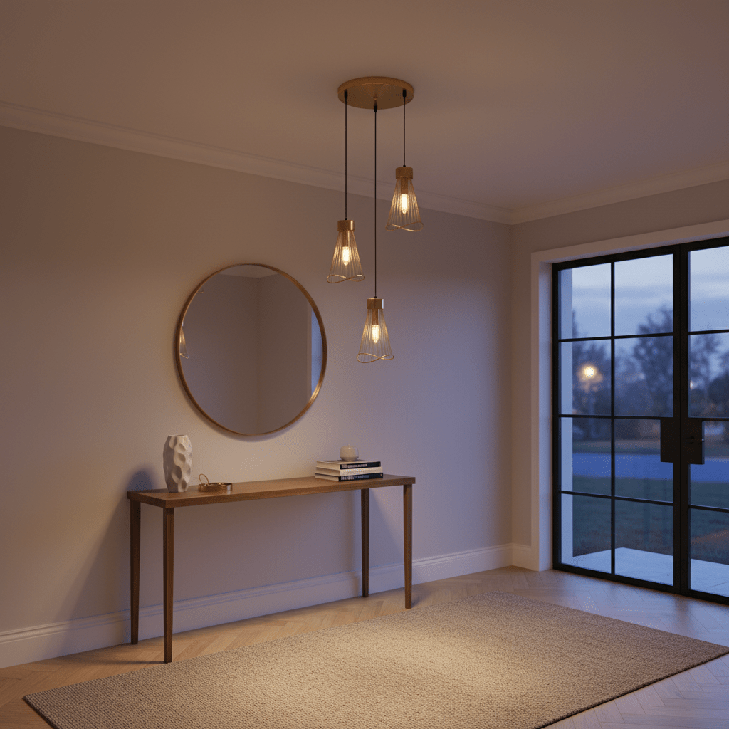 Sensu Cluster Gold Pendant Light hanging above a wooden console table with a round mirror and decorative items.