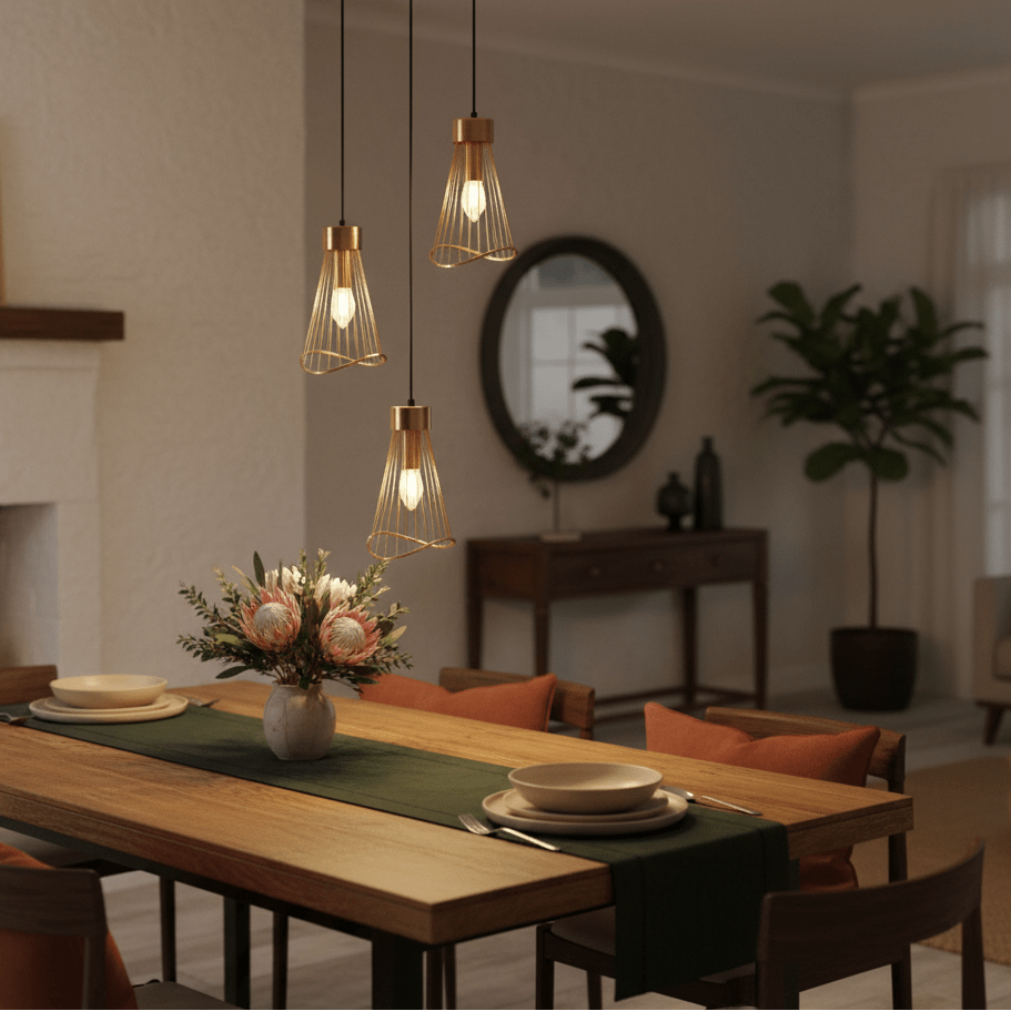 Three gold pendant lights hang above a wooden dining table set with plates and a vase of flowers.