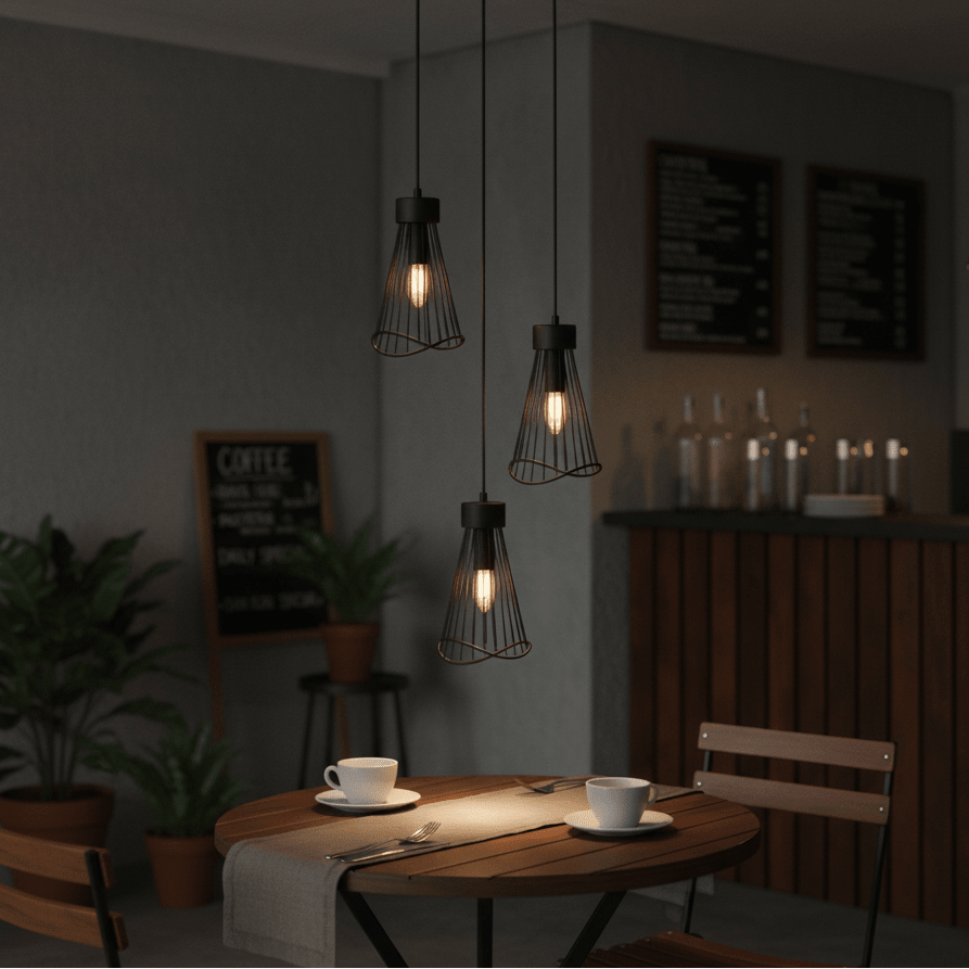 Three black pendant lights hang over a wooden dining table set with cups and a table runner, creating a cozy atmosphere.