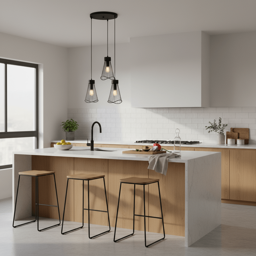 Sensu Cluster Black Pendant Light hanging above a modern kitchen island with wooden stools.