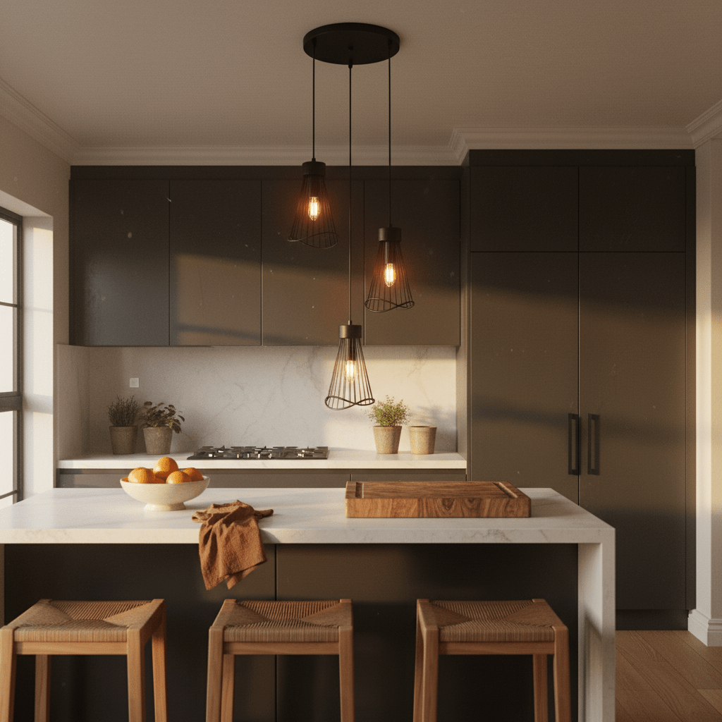 Sensu Cluster Black Pendant Light hanging over a modern kitchen island with wooden stools and a marble countertop.