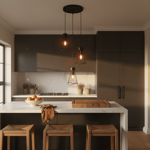 Sensu Cluster Black Pendant Light hanging over a modern kitchen island with wooden stools and a marble countertop.