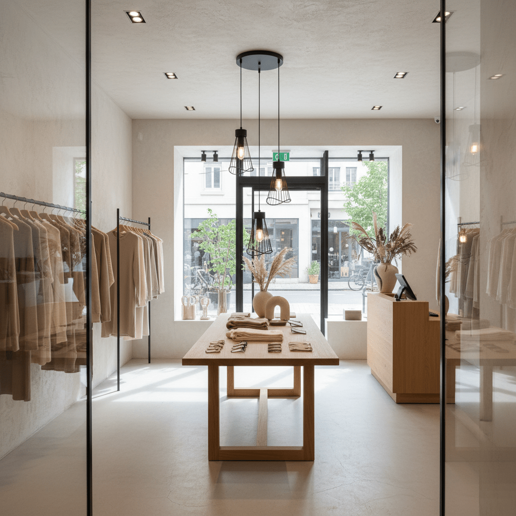 Stylish interior of a retail space featuring the Sensu Cluster Black Pendant Light above a wooden display table.