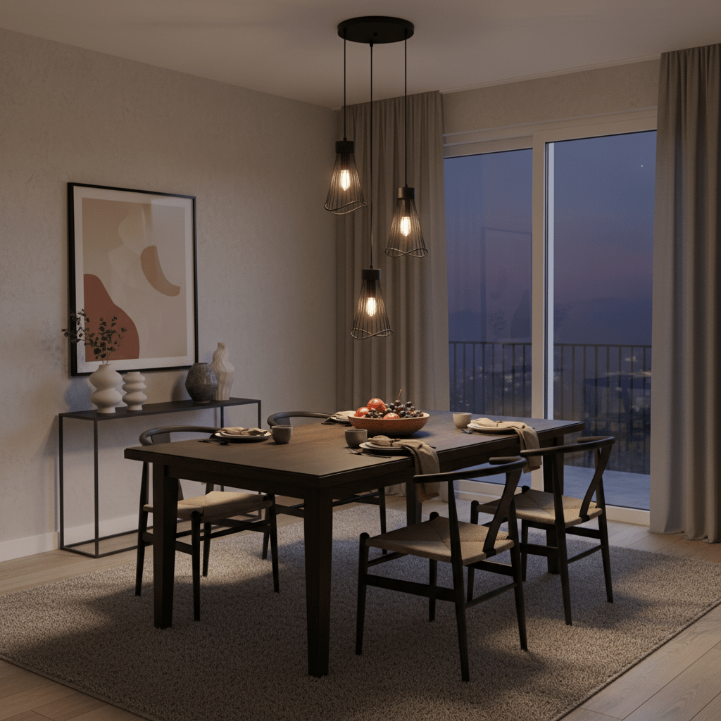 Stylish dining area featuring the Sensu Cluster Black Pendant Light above a wooden table set for a meal.