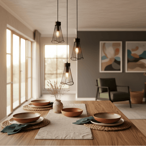 Three black pendant lights hang above a wooden dining table set with bowls and a vase, creating a modern ambiance.