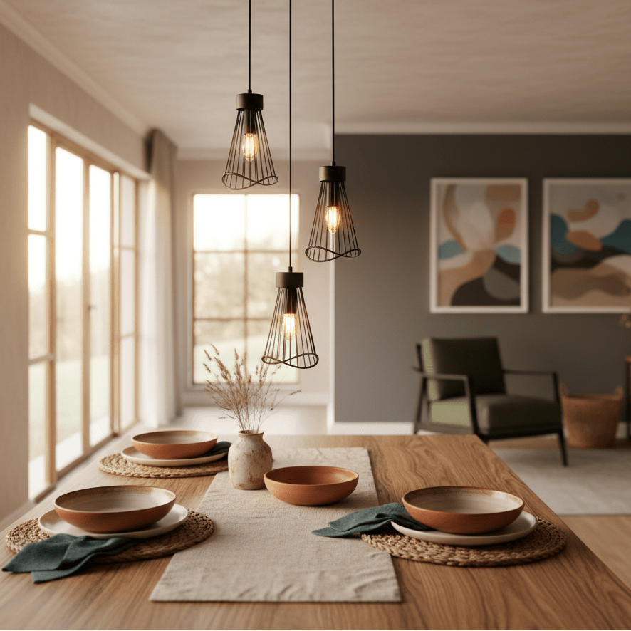 Three black pendant lights hang above a wooden dining table set with bowls and a vase, creating a modern ambiance.