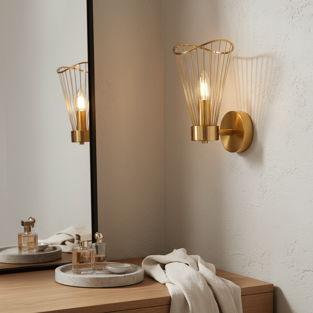 A gold wall light with a wire design casts shadows on a textured wall, beside a mirror and a wooden surface with decor.