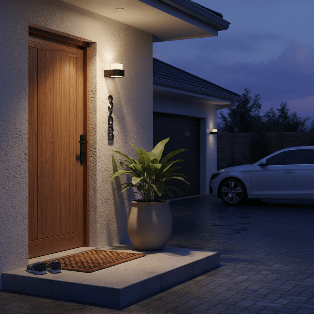 A modern outdoor wall light is mounted beside a wooden door, illuminating a potted plant and a welcome mat on a stone step.