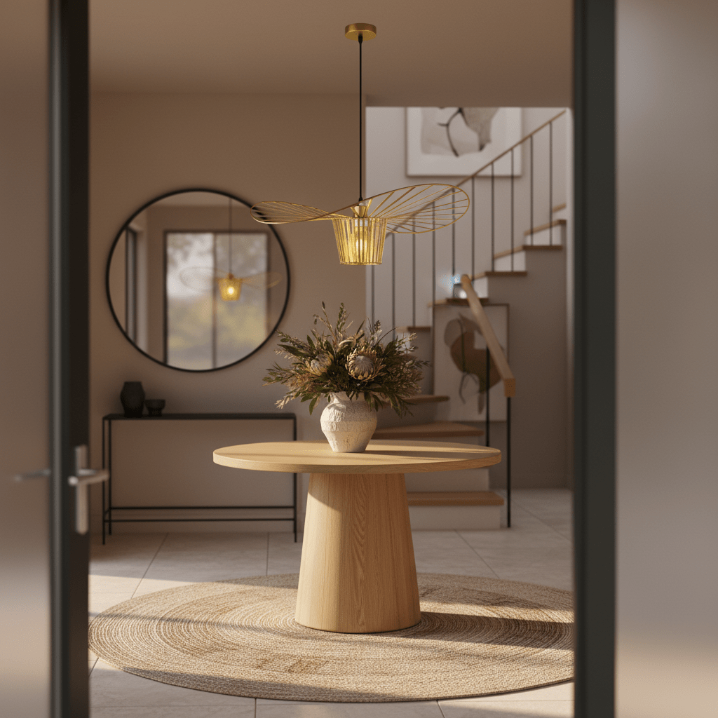 Stylish Sensu Infinite Gold Pendant Light hanging above a round wooden table with a floral arrangement.