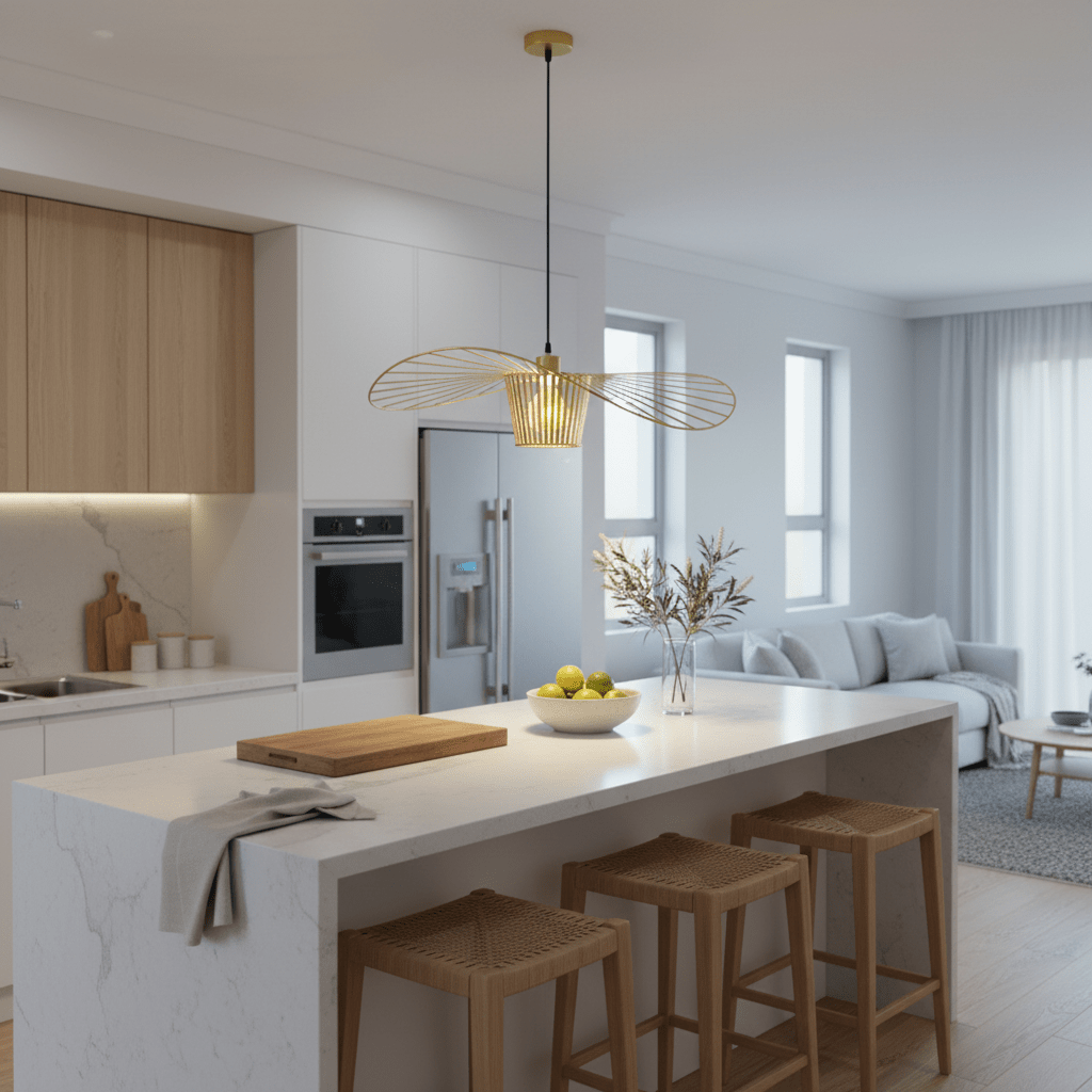 Stylish kitchen featuring the Sensu Infinite Gold Pendant Light above a marble island with wooden stools.