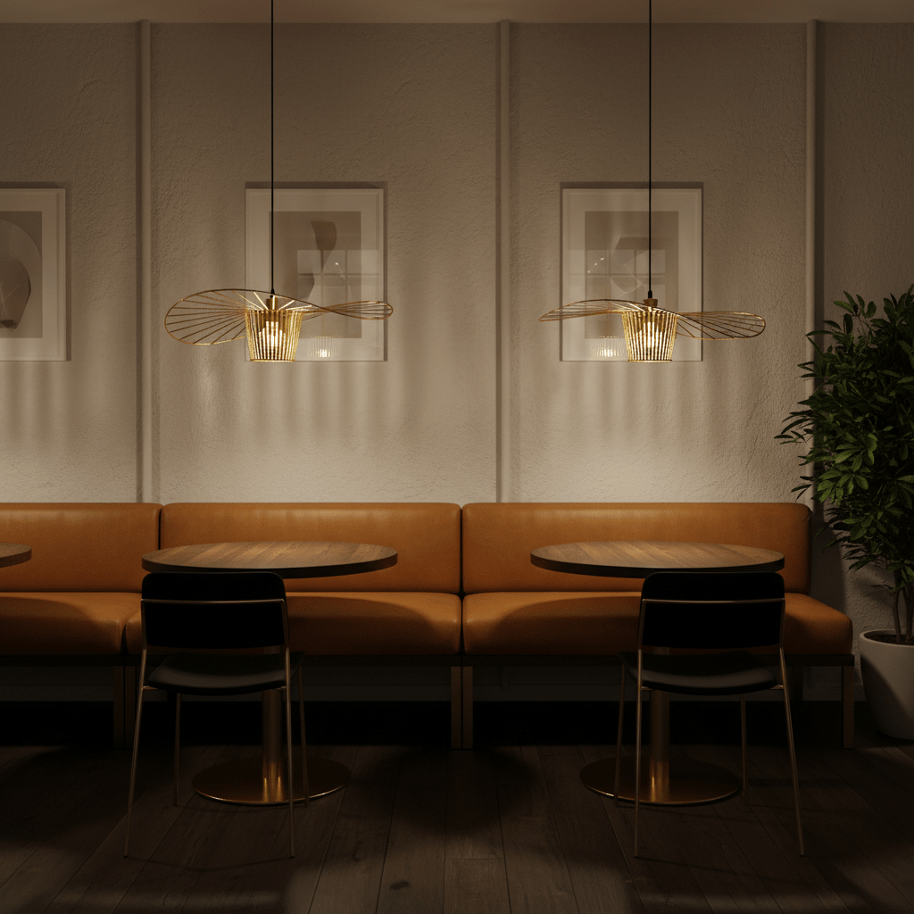 Stylish Sensu Infinite Gold Pendant Light hanging above a cozy seating area with wooden tables and warm tones.
