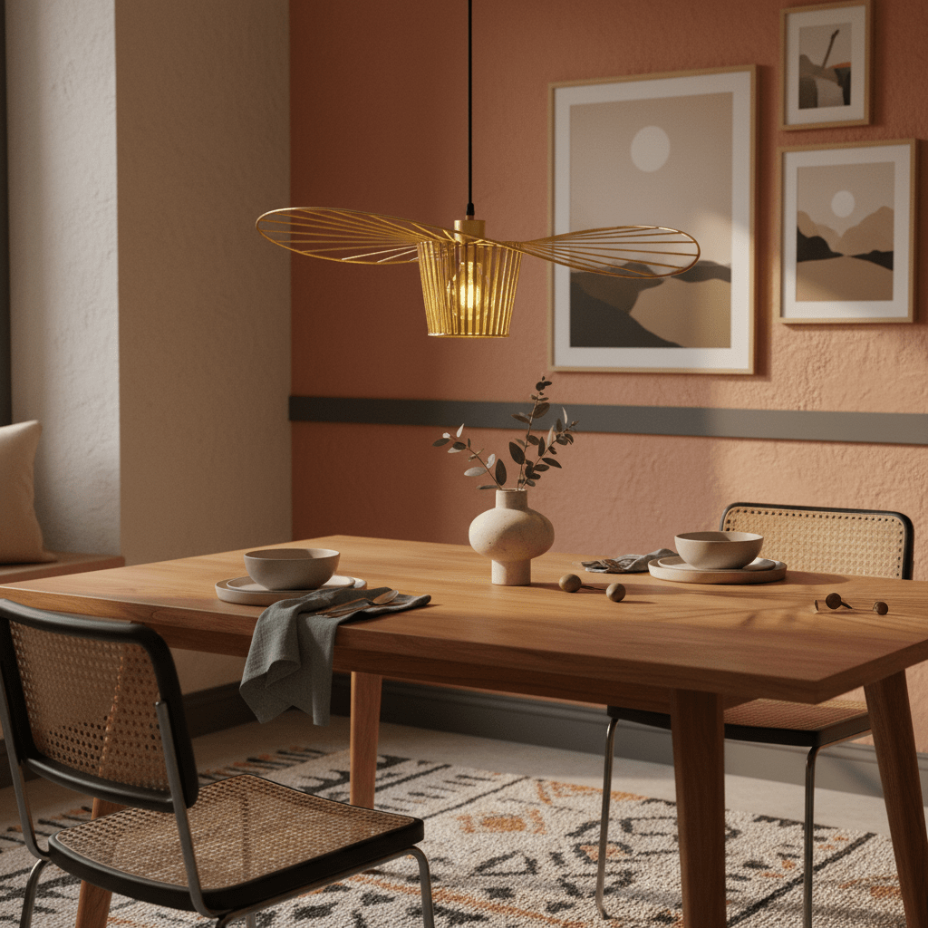 Satin-gold pendant light hanging above a wooden dining table set with dishes and decor.