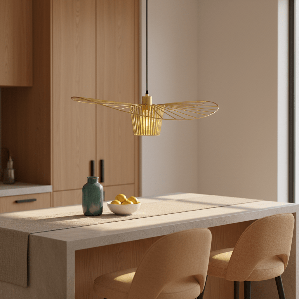 Satin-gold pendant light hanging above a kitchen island with a vase and bowl of lemons.