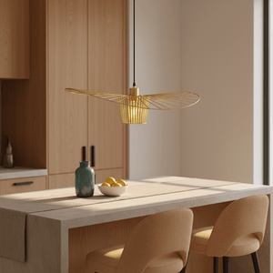Satin-gold pendant light hanging above a kitchen island with a vase and bowl of lemons.