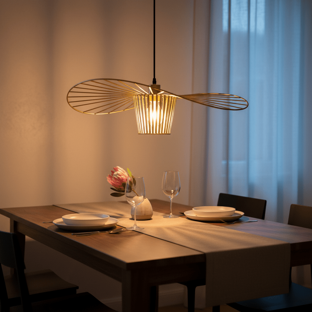 Satin-gold pendant light hanging above a dining table set with plates and glasses, creating a warm ambiance.