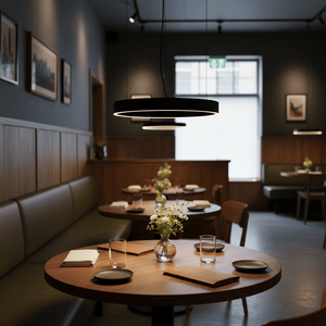 A modern dining space featuring the Alina Black LED Pendant, round wooden tables, green seating, and floral centerpieces.