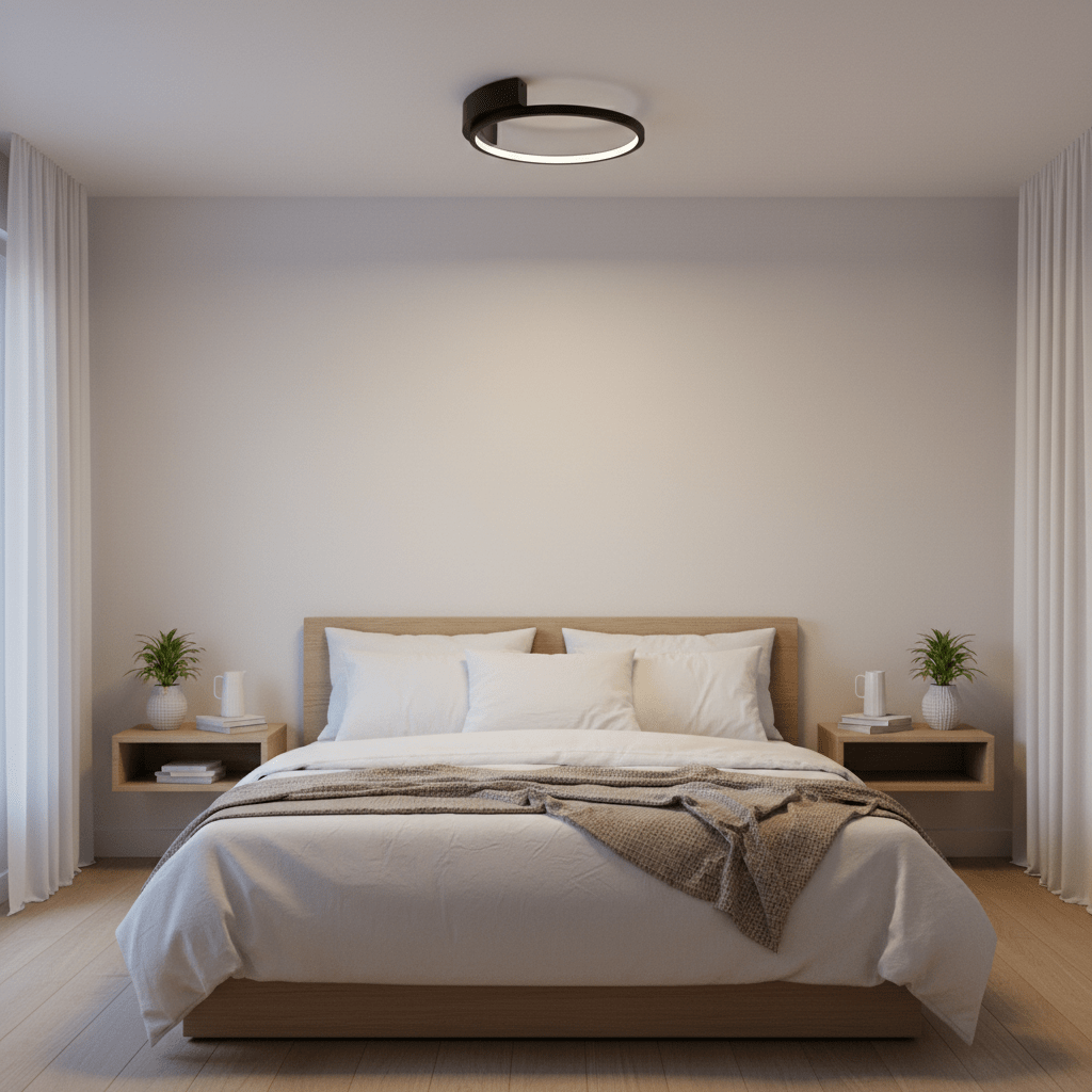 Modern flush-mounted ceiling light above a cozy bed in a minimalist bedroom setting.