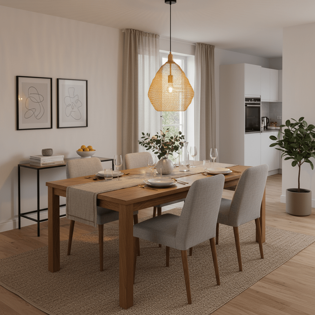 Gold mesh pendant light hanging above a wooden dining table set with plates and glasses.