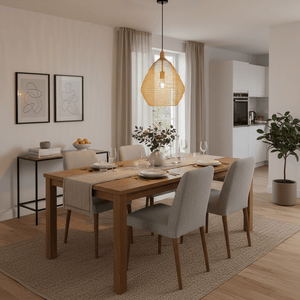 Gold mesh pendant light hanging above a wooden dining table set with plates and glasses.