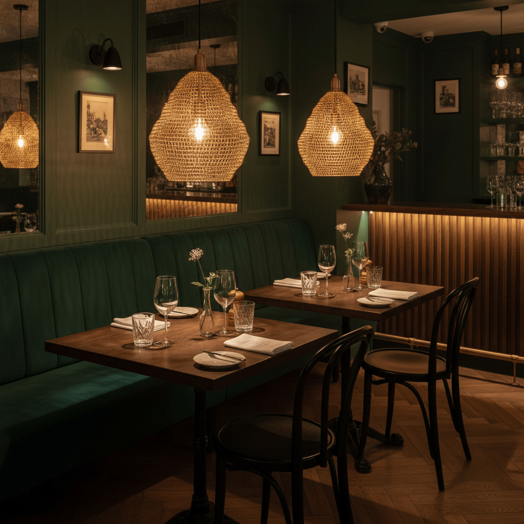 Gold mesh pendant lights hang above wooden tables in a stylish dining area with green accents.
