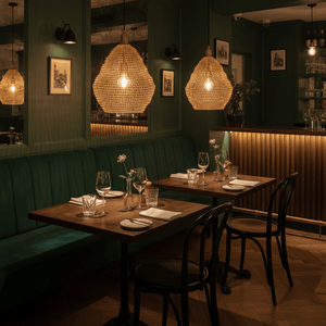 Gold mesh pendant lights hang above wooden tables in a stylish dining area with green accents.