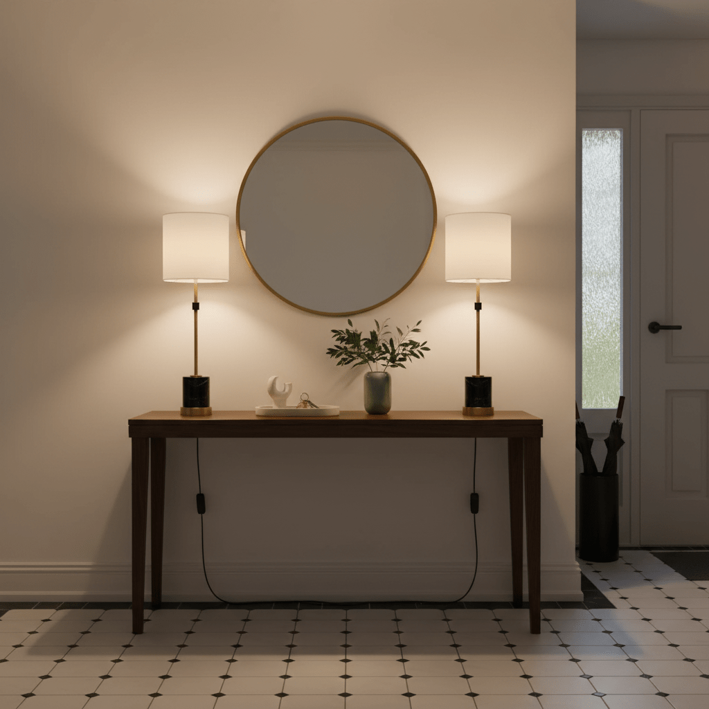 Two elegant table lamps with white shades on a wooden console table, reflecting warm light in a stylish entryway.