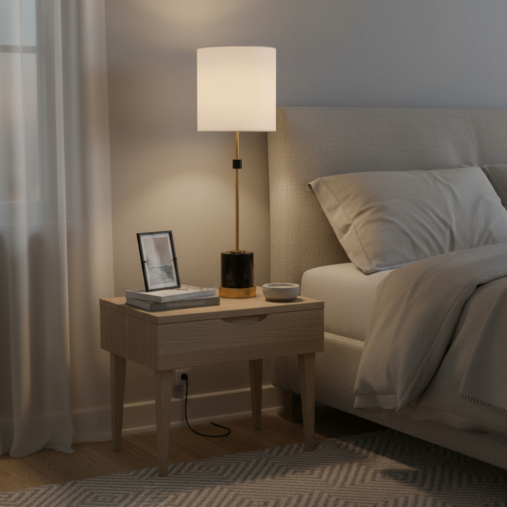 Stylish black and gold marble table lamp on a bedside table, with books and a photo frame nearby.