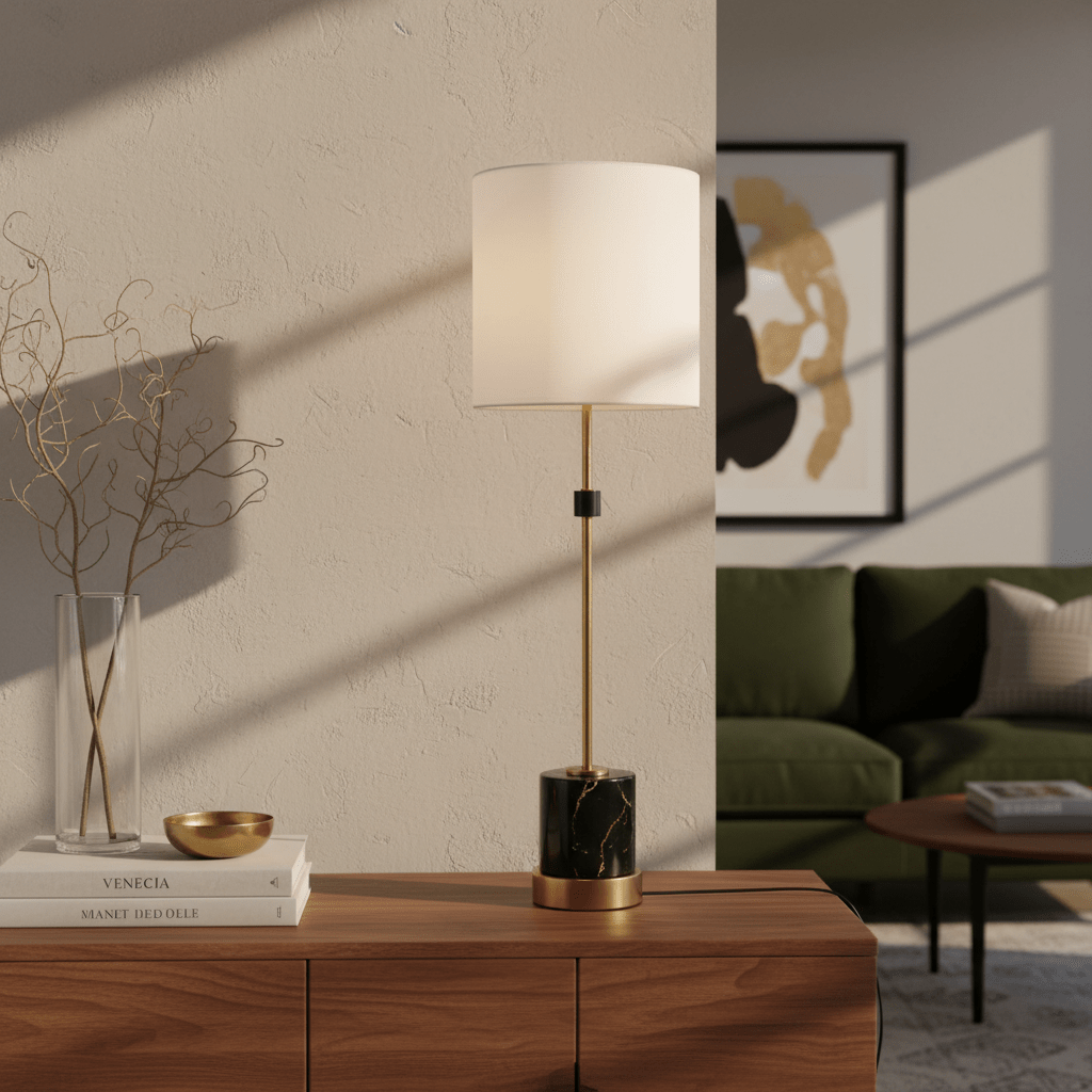 Stylish black and gold marble table lamp on a wooden console, with decorative items and a green sofa in the background.