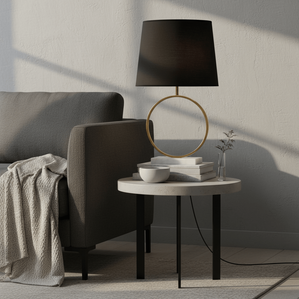 Stylish black and gold marble table lamp on a modern side table beside a sofa.